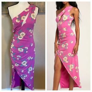 NWOT Lulus So Vibrant Magenta Floral Print One-Shoulder Cutout Midi Dress